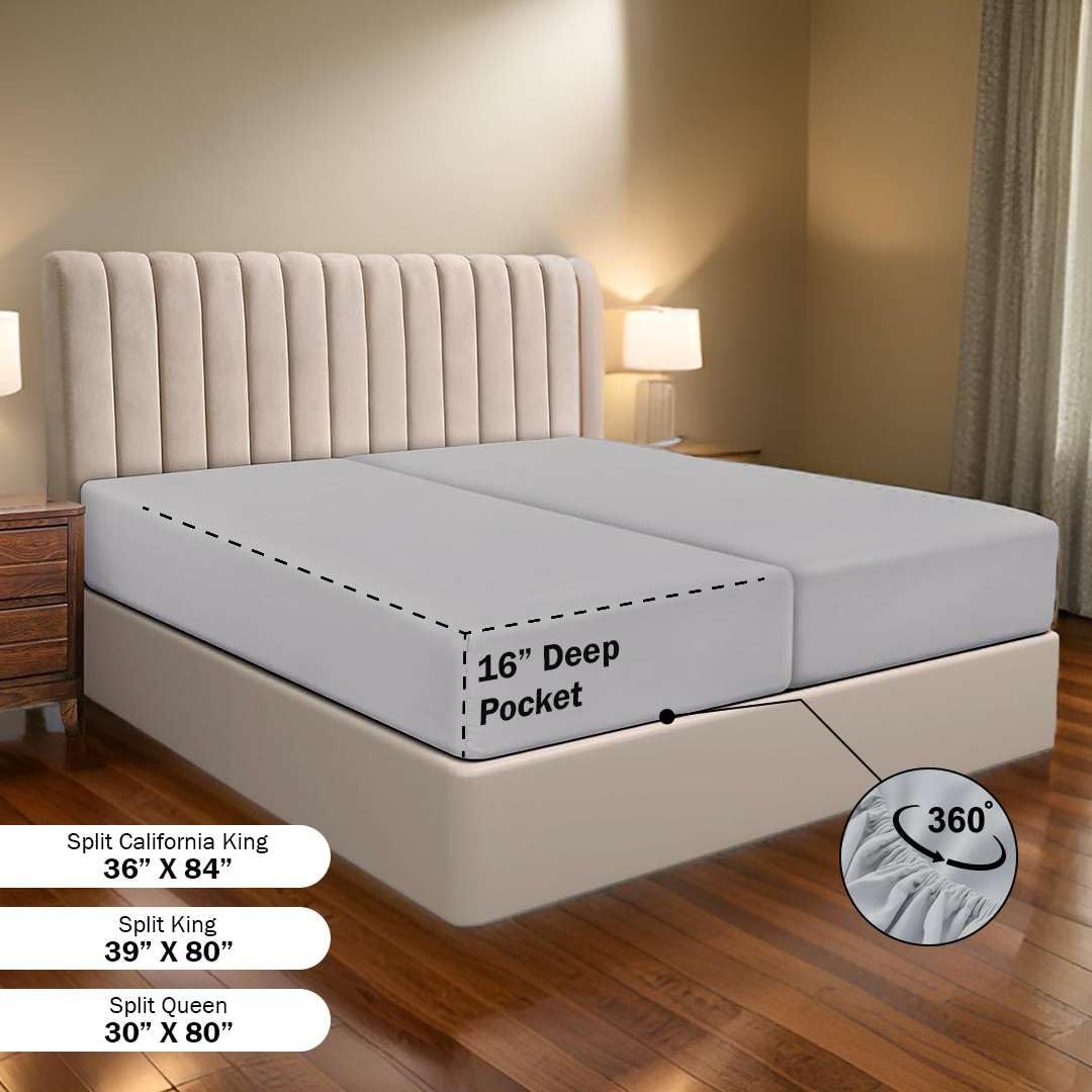 Ready To Rest 100% Egyptian Cotton Split Queen Sheets Sets for Adjustable Bed 5 Piece, Fits Mattress Upto 16" Deep, Hotel Luxury, Ultra Soft, Cooling Bed Sheets, Silver Grey Solid