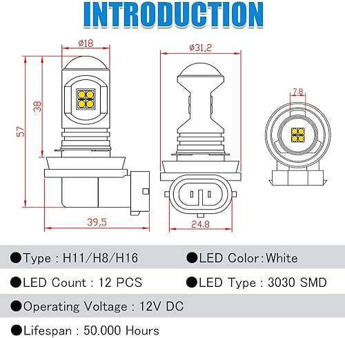 Miniatura 7 de Bombillas antiniebla LED H11 H8 6000K xenón blanco, luces antiniebla LED H16 H9, chips 3030 12SMD, superbrillantes, 50000 horas de vida útil, fácil