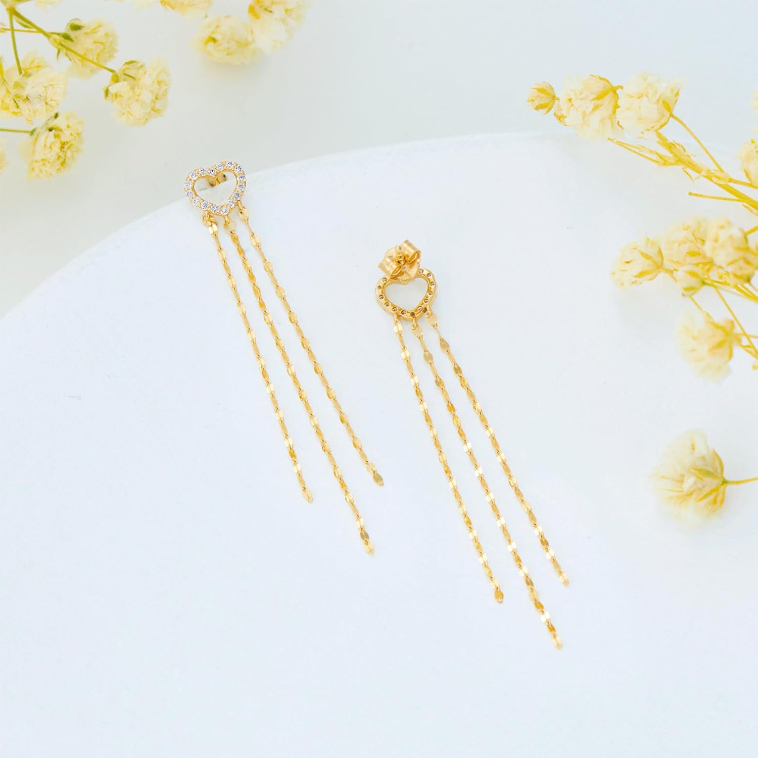 SISGEM 14k Gold Created Moissanite Heart Dangling Tassel Earrings for Women, 14kt Gold Long Chain Love Jewelry Gifts for Her