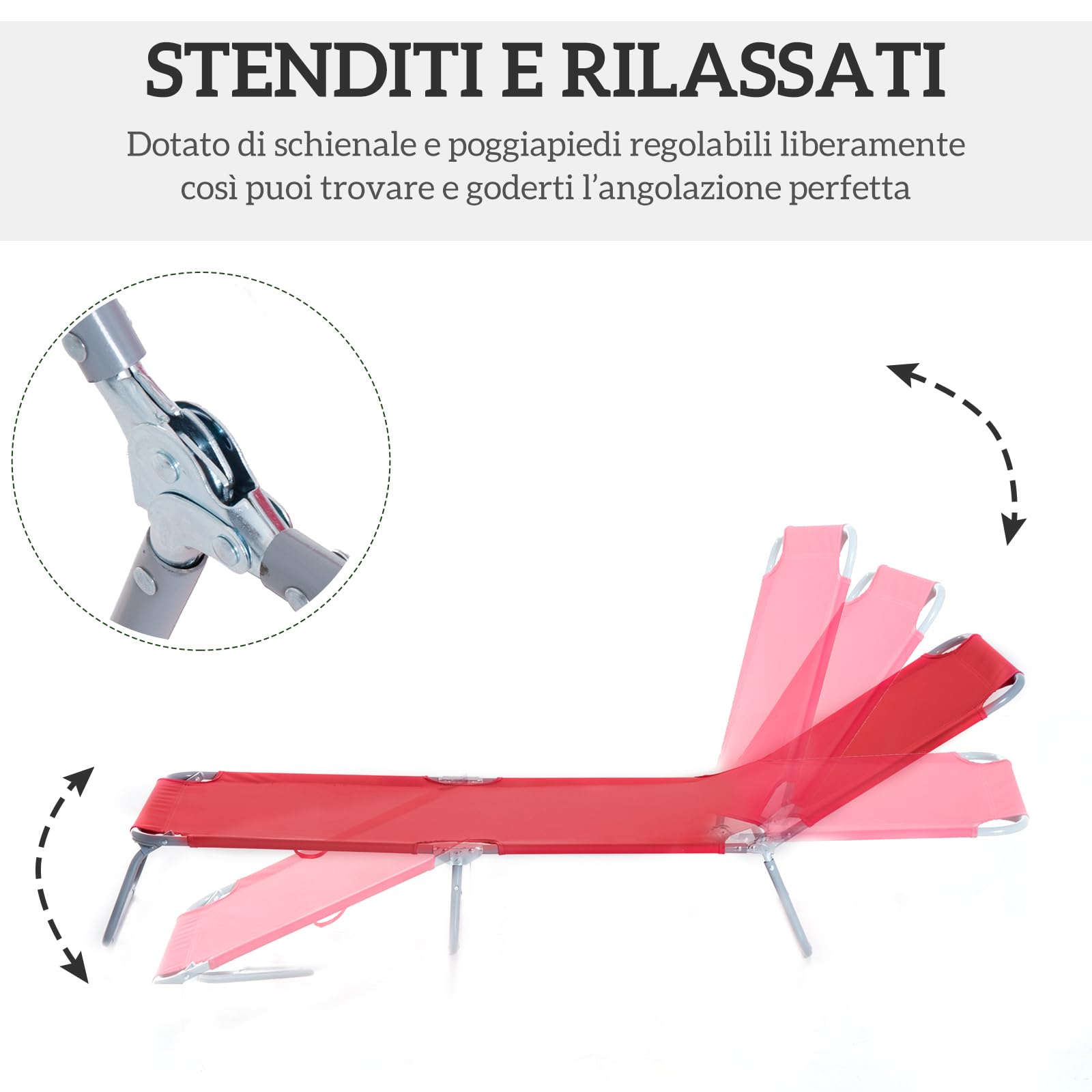 Outsunny Lettino Prendisole Pieghevole Reclinabile 187x55x24cm Rosso | Schienale su 5 Livelli, Sdraio da Spiaggia e Giardino, Struttura in Metallo e Tessuto Oxford, per Piscina