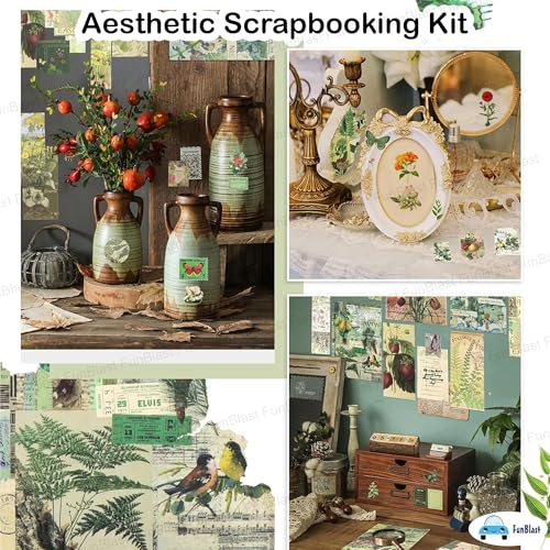 Image of FunBlast Aesthetic Scrapbooking Kit - 213 Pcs Vintage Junk Journal Supplies with Scrapbook Paper, Washi Stickers, A6 Grid Notebook, DIY Craft Journaling Gift for Teen, Girl, Adult (Green)