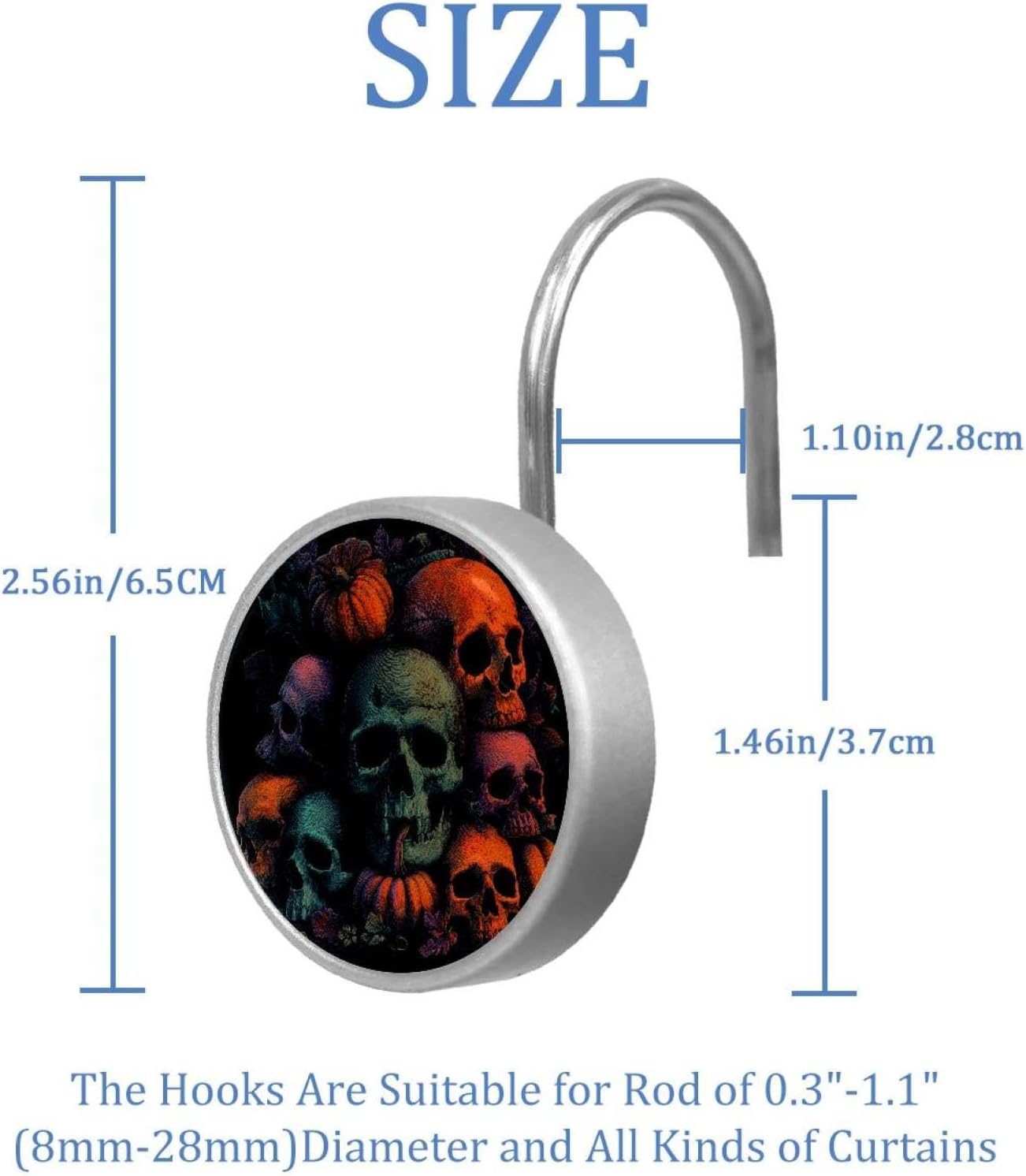 Halloween Scarry Skulls (3) Shower Curtain Hooks,Set of 12 Shower Curtain Rings,Shower Hooks for Curtain Shower Rings,Rust Proof Metal Shower Hooks