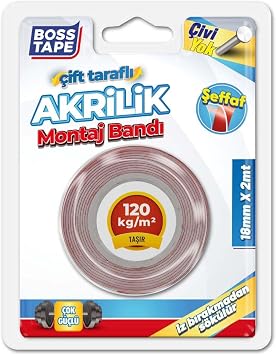 Boss Tape Seffaf  ift Tarafli Akrilik Montaj Bandi, 18 mm x 2 m, Kirmizi