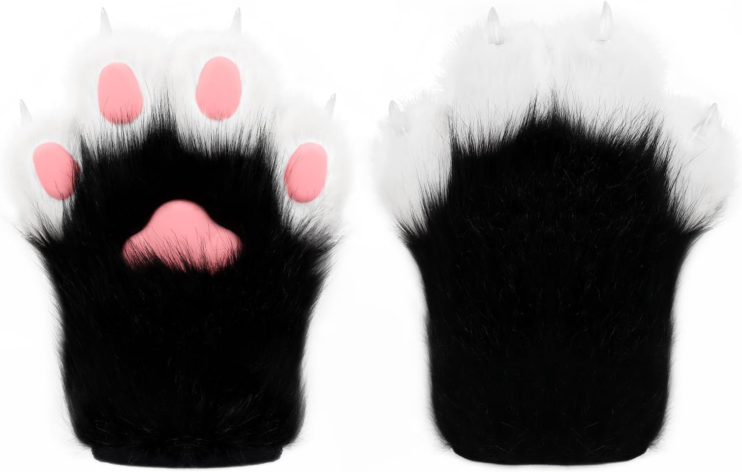 Faux fur furry mittens paw gloves blackwhite