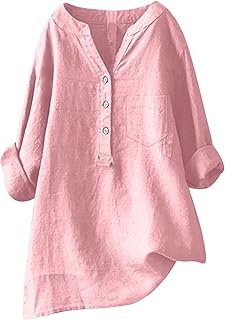 Camisa de lino para mujer, holgada, de color liso, con mangas largas, con botones, cuello mandarín, blusas cortas para mujer, sin vientre