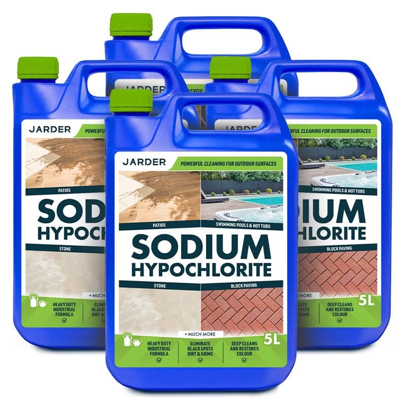 Jarder Sodium Hypochlorite 4 x 5L - 9.5% Strength - Patio Cleaning, Pool/Water Sanitising, Outdoor Cleaning - Industrial Strength