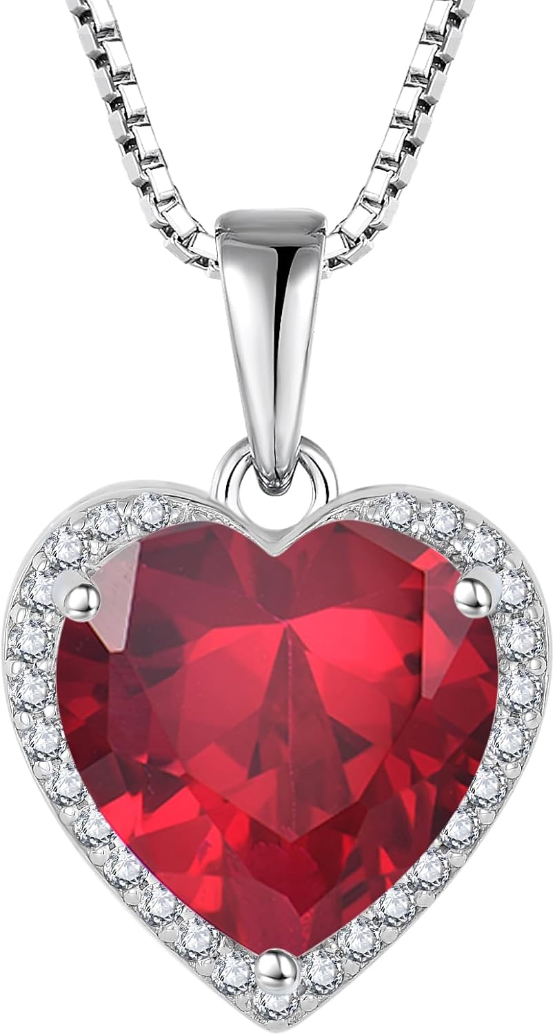 Love Heart Necklace for Women 925 Sterling Silver Simple Halo Solitaire Pendant Necklace Birthstone Jewelry Gifts for Her