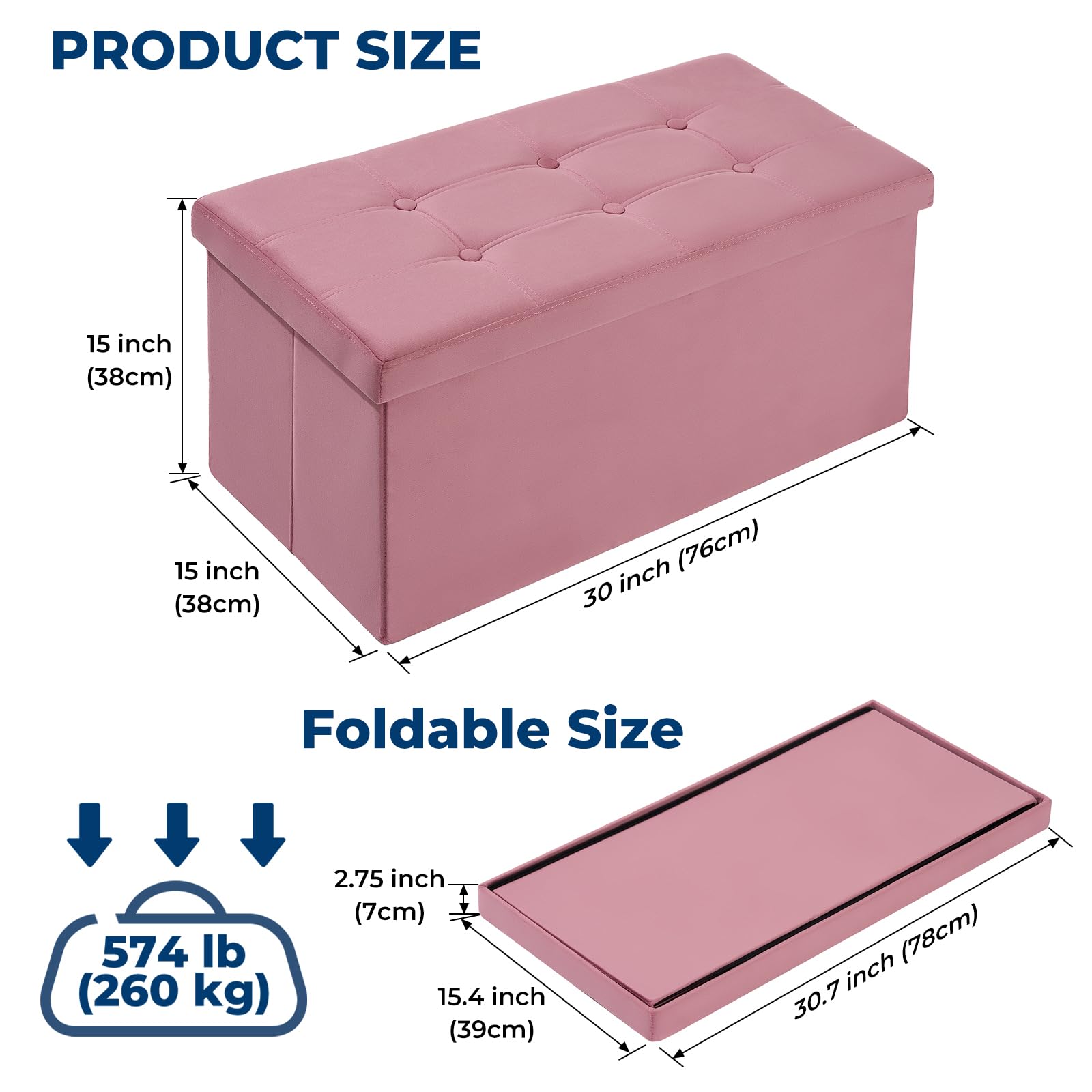 Banco otomano plegable de terciopelo de 30 pulgadas, elegante reposapiés y baúl de almacenamiento para sala de estar, dormitorio, entrada, muebles modernos para final de cama