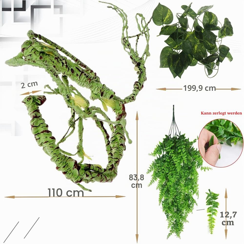 Hamiledyi Reptilienpflanzen, biegbar, Dschungel, Kletterranke, Haustier-Lebensraum-Dekorationen, Blätter, hängende Seide, Terrarium-Pflanze mit Saugnapf für Bartagamen, Eidechsen, Frösche, Schlange