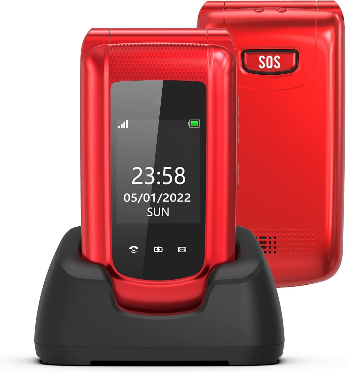 CHAKEYAKE Cellulare per Anziani con Tasti Grandi, Display Doppio 2.4'' + 1.77'', Telefono Senior con Tasto SOS, Volume Alto, Base di Ricarica, Fotocamera, Sbloccato, Rosso