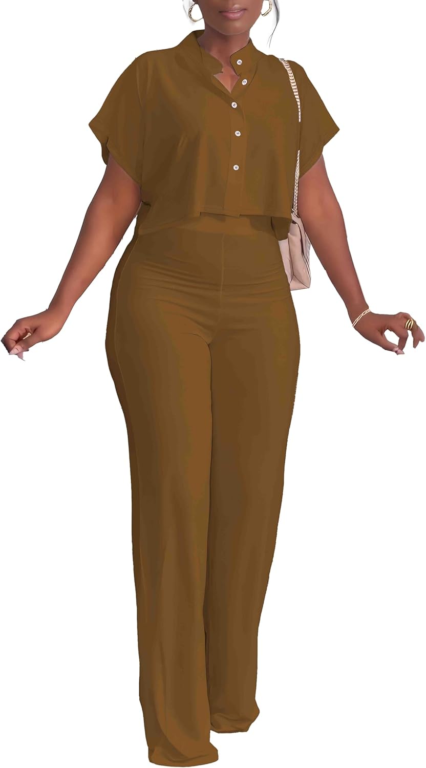 HBQ Women's Summer 2 Piece Outfits Casual Tracksuit Short Sleeve Button Down Crop Top Wide Leg Long Pant Lounge Sets Medium Brown Solid