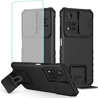 Case for Redmi Note 11 Pro 4G/5G/Redmi Note 11E Pro/Redmi Note 12 Pro 4G with Tempered Glass Screen Protector and Slide Camera Cover, Kickstand Phone Cover for Xiaomi Redmi Note 11 Pro Black