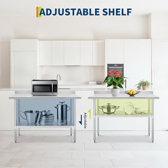 Stainless Steel Prep Table with Backsplash & Adjustable Shelf, 2-Tier Shelf 24x48NSF Certified Metal Commercial Work Table, Anti-Rust & Easy to Clean for Home Restaurant Hotel