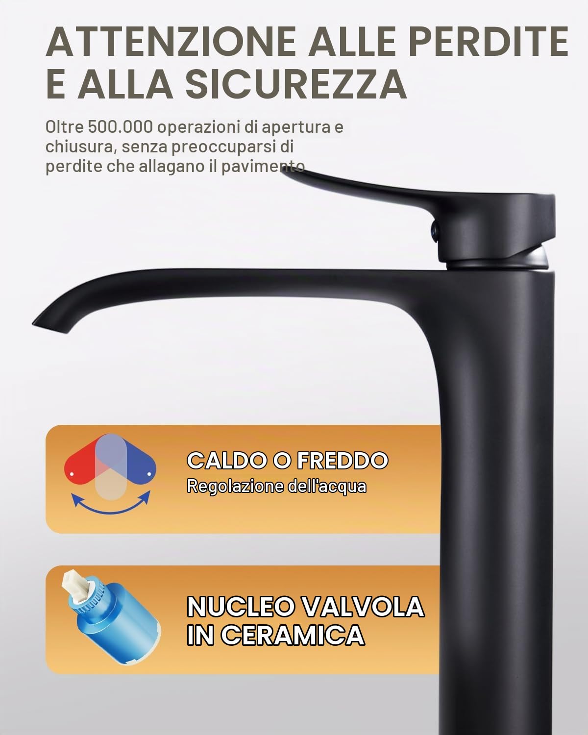 Miscelatore per lavabo da bagno nero opaco alto con cascata singola, rubinetto lavabo monocomando da appoggio, miscelatore in ottone