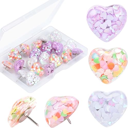 20 alfileres de empuje, con lentejuelas con purpurina de corazón, tachuelas decorativas para colgar en la pared, tablón de anuncios, mapas, pared de