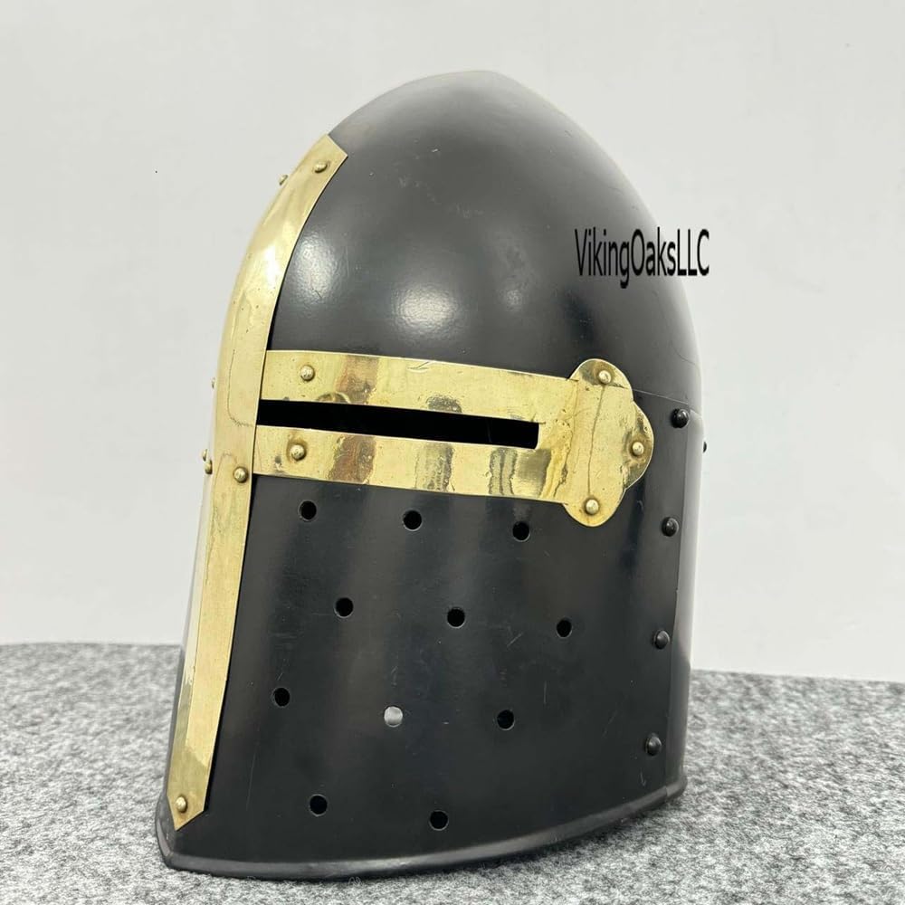 Medieval Knight Crusader Armour Helmet | Black Finish Sugarloaf and Brass Design Templar Helmet | Great Greek Roman Spartan Helm A+ | Wearable for Adult | Medieval Costumes | - Image 6