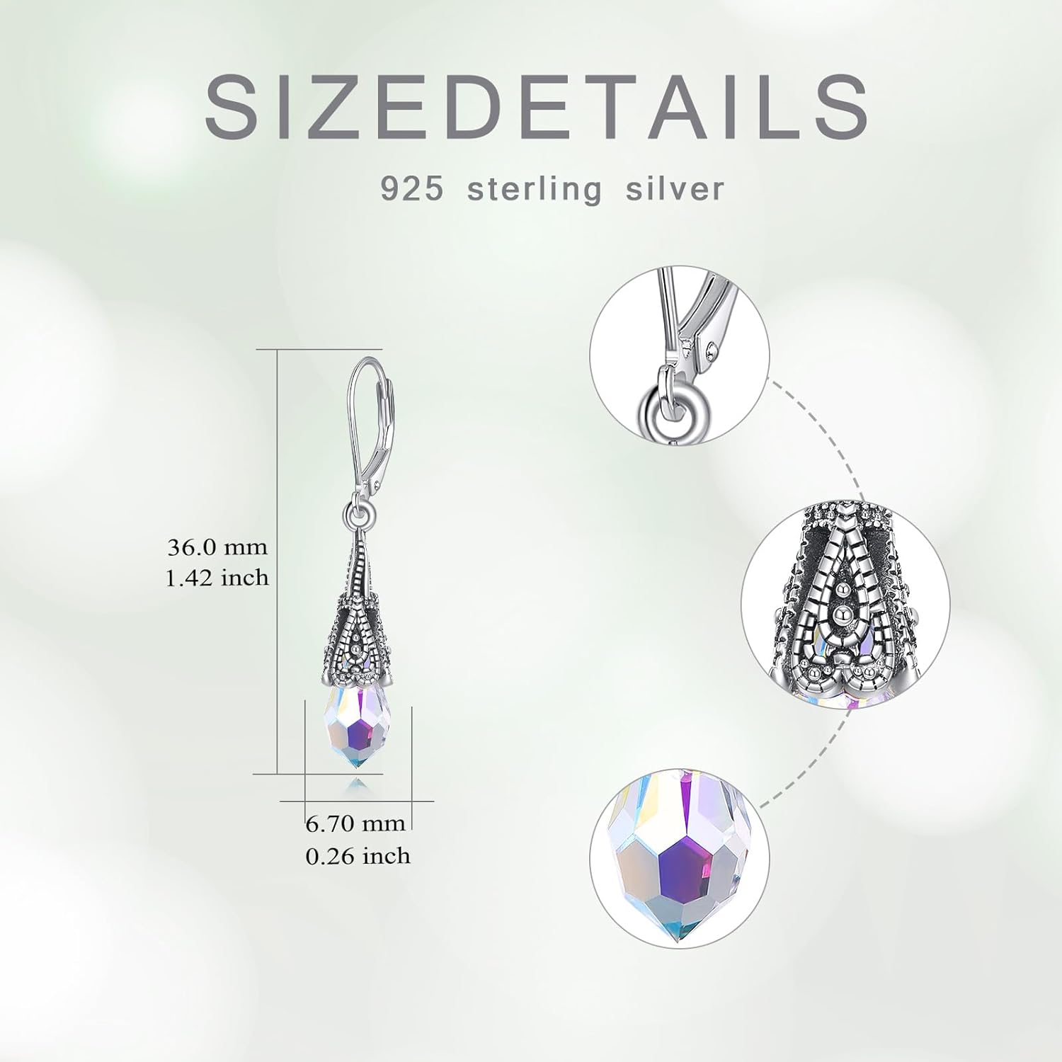 Aurora Borealis Crystal Earrings 925 Sterling Silver Vintage Retro Oxidized Dangle Leverback Earrings with 11mm Teardrop Austrian Crystal Birthday Jewelry Gifts for Women - Image 4