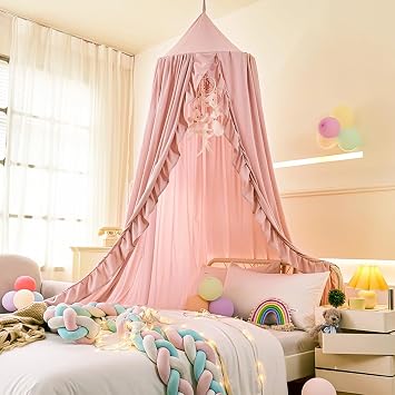 ZIQINPSQ Bed Canopy for Girls with Ruffled,Princess Round Dome Children Dreamy Mosquito Net Girls Room Decor Castle Play Tent,Children Reading Nook Canopies Beige Pink