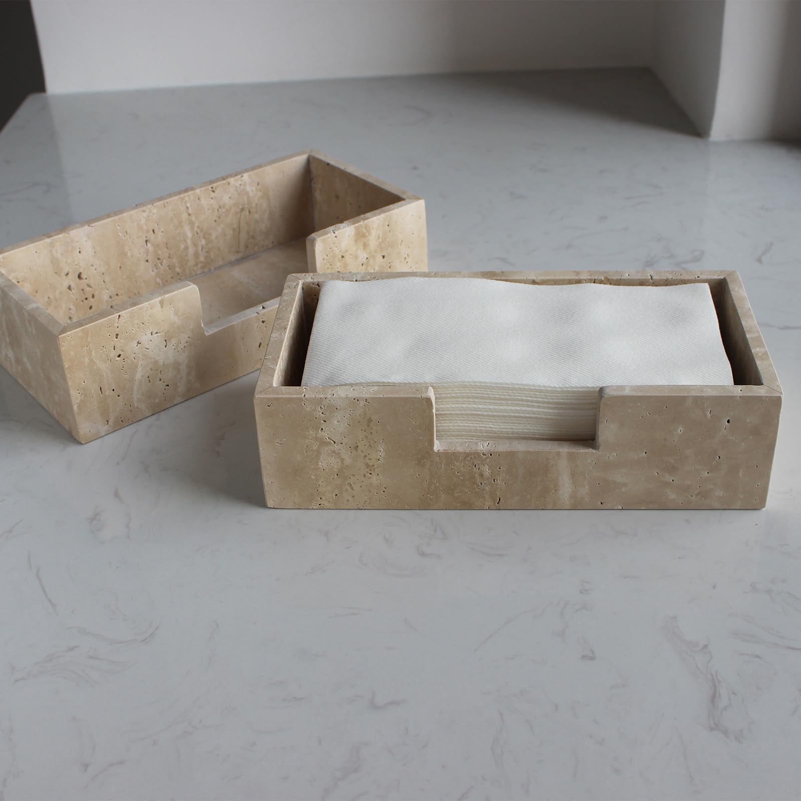 Servilletero rectangular de mármol travertino natural de 9.8 x 4.9 x 2.8 pulgadas, soporte para toallas de mano de invitados, cesta de mano de papel para baño/cocina/restaurante