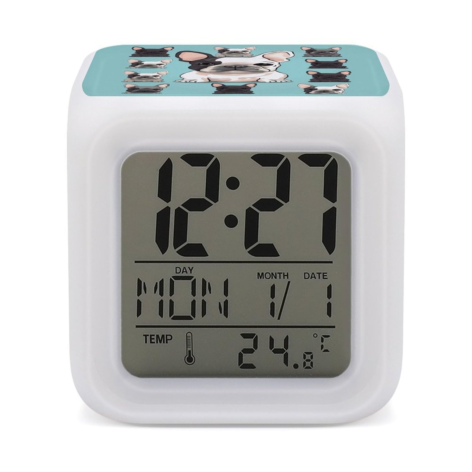 JTREHY 7 Color Changing LED Digital Alarm Clock,Cute French Bulldog Printed Wake-up Clock with Temperature Display Home Decoration Alarm Clock for Bedroom Office