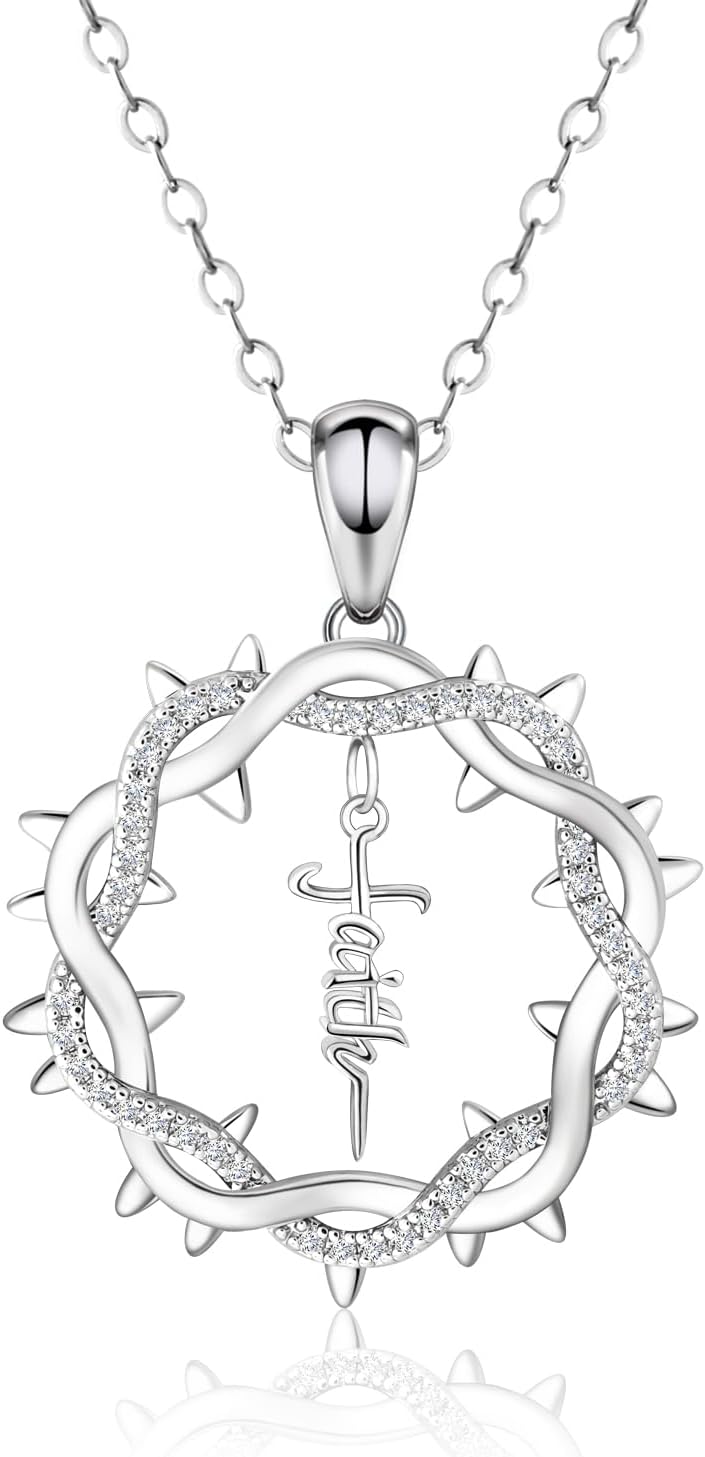 Silver Faith Necklace for Women - Faith Jesus Crown of Thorns Pendant Necklaces Chain Jewelry Gifts for Christmas Easter Thanksgiving Day