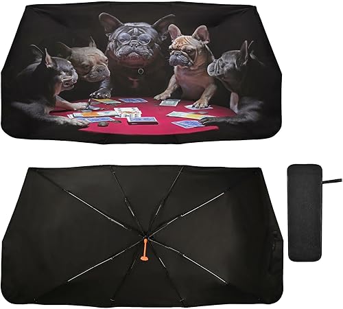 Miniatura 2 de Paraguas plegable para parabrisas de automóvil, diseño de bulldogs franceses, lindo cachorro, plegable, para ventana delantera, paraguas UV y calor,