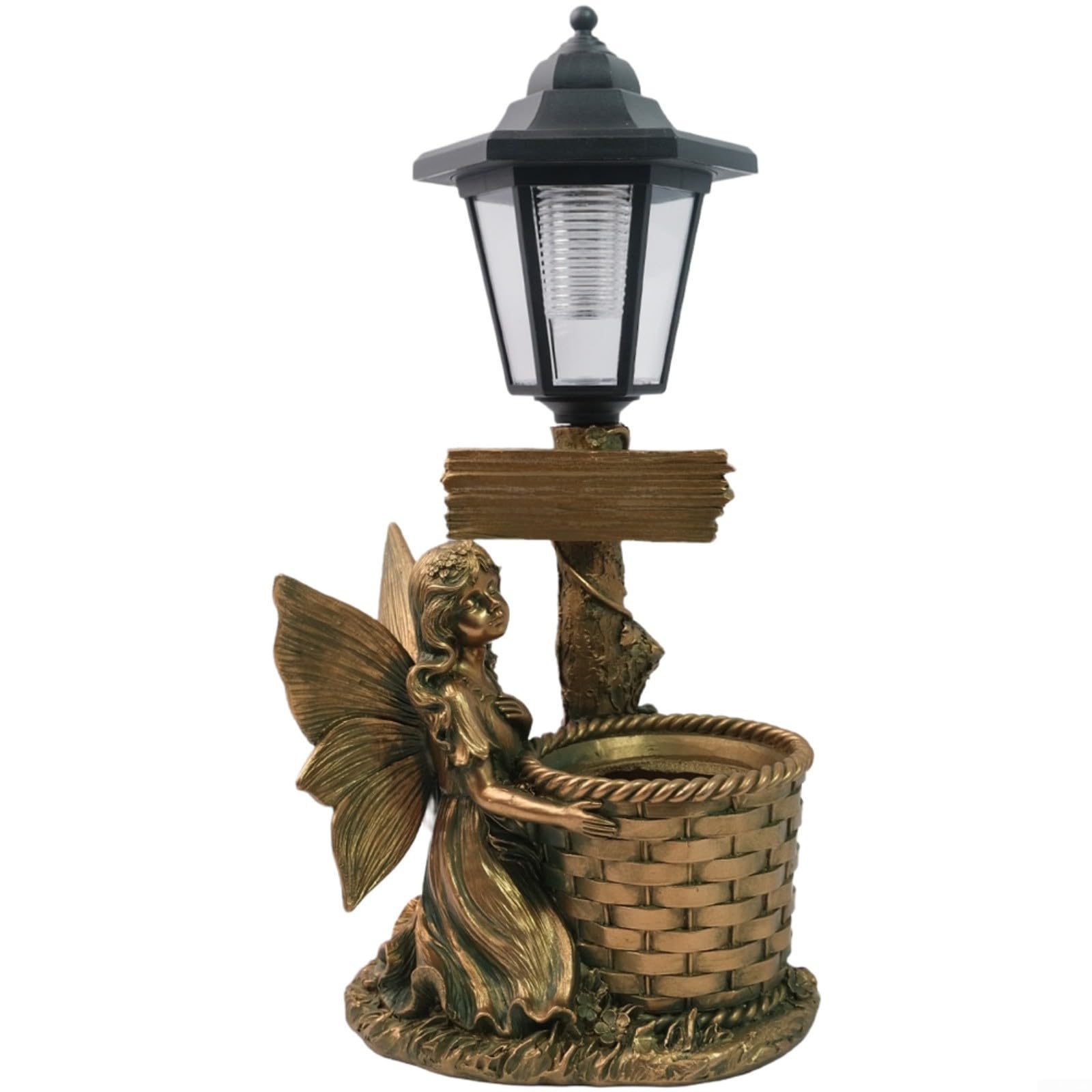Maceta solar de resina de estilo europeo, estatua de jardín decorativa hecha a mano con luz nocturna LED, IP44 impermeable, decoración de paisaje al aire libre para patio, acabado de cobre (D)