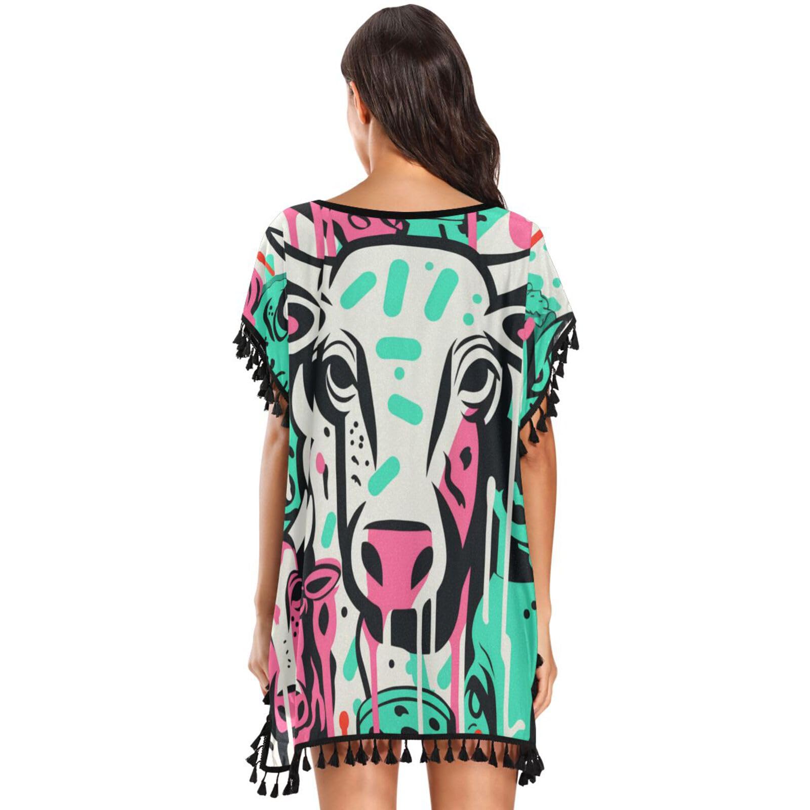 Abstract Doodle Art Cow Women's Beach Cover Up Chiffon Tassel Swimwear Swimsuit Coverups for Girl