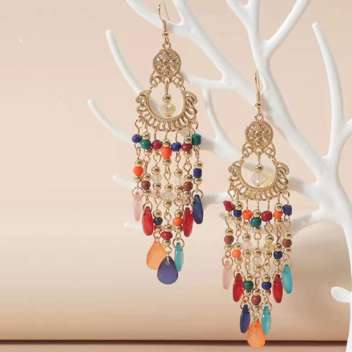 Long Beaded Tassel Earrings Bohemia Native Tassel Drop Earrings Handmade Seed Bead Tribal Dangle Earrings Boho Multicolor Crystal Beaded Tassel Earrings for Women (Colorful) - Image 2