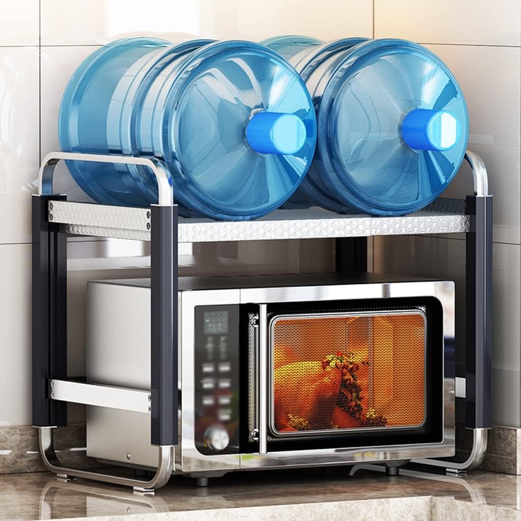 Image showing the OLOTU Adjustable Microwave Shelf in use, holding a microwave oven and water bottles.