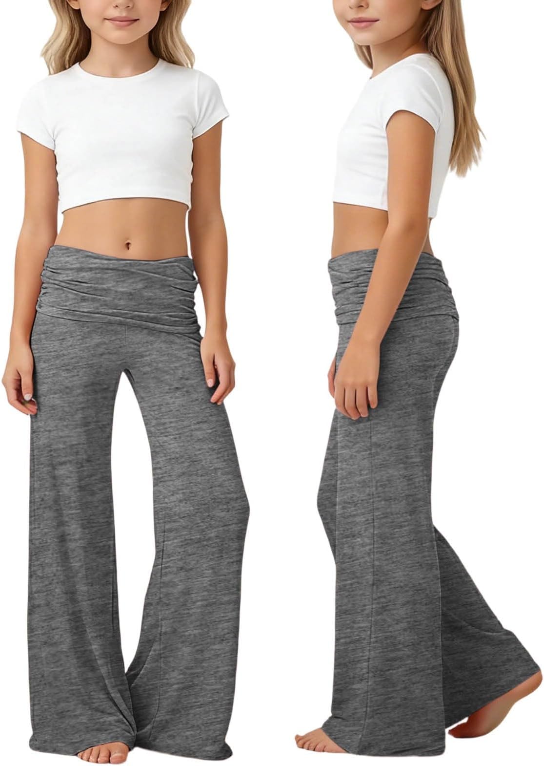 Fold Over Pants Women's Coral Yoga Trousers Young Girls Loose with Ruffles Coral Pleated Trousers Wide Palazzo with High Cuff Wide Leg Flared Trousers Casual Comfort