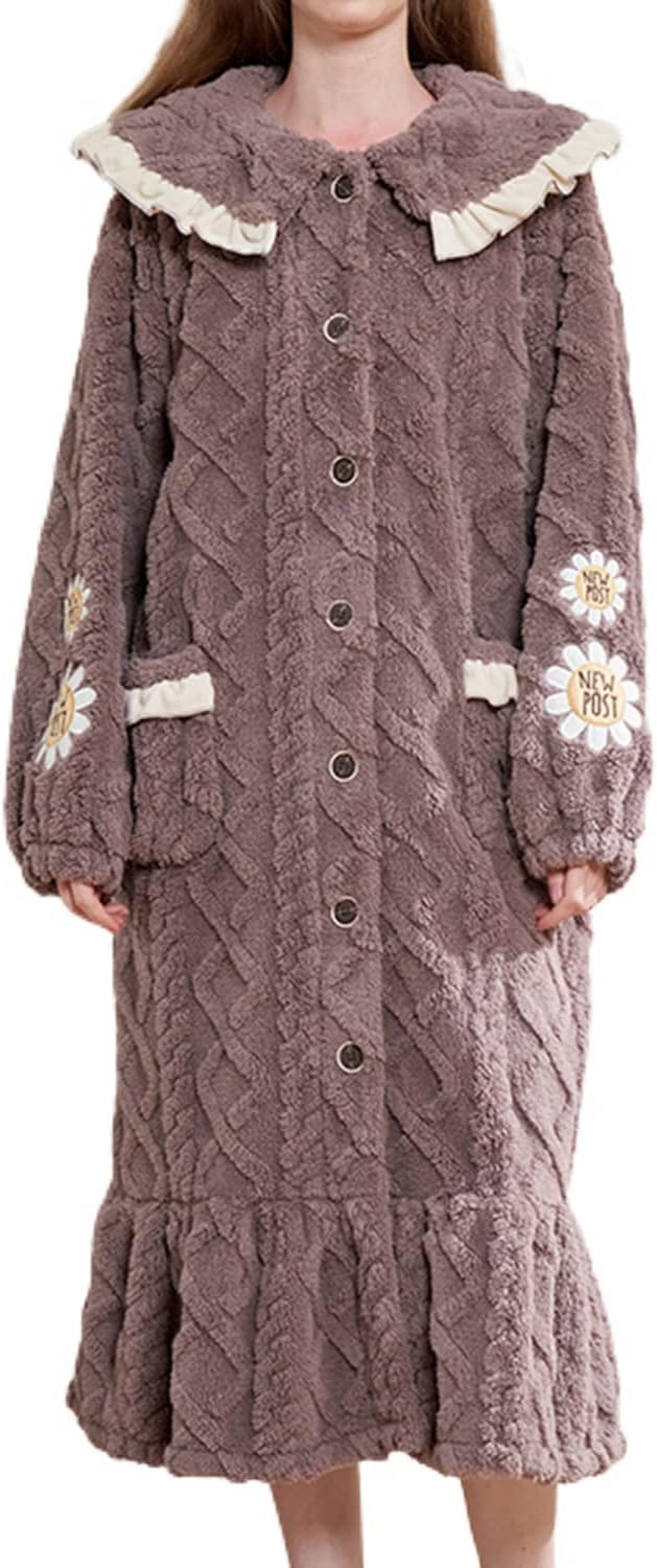 Women's Long Sleeve Nightgown Winter Plush Button Up Housecoat Floral Warm Fleece Sleep Dress Cute Cozy Duster Robe