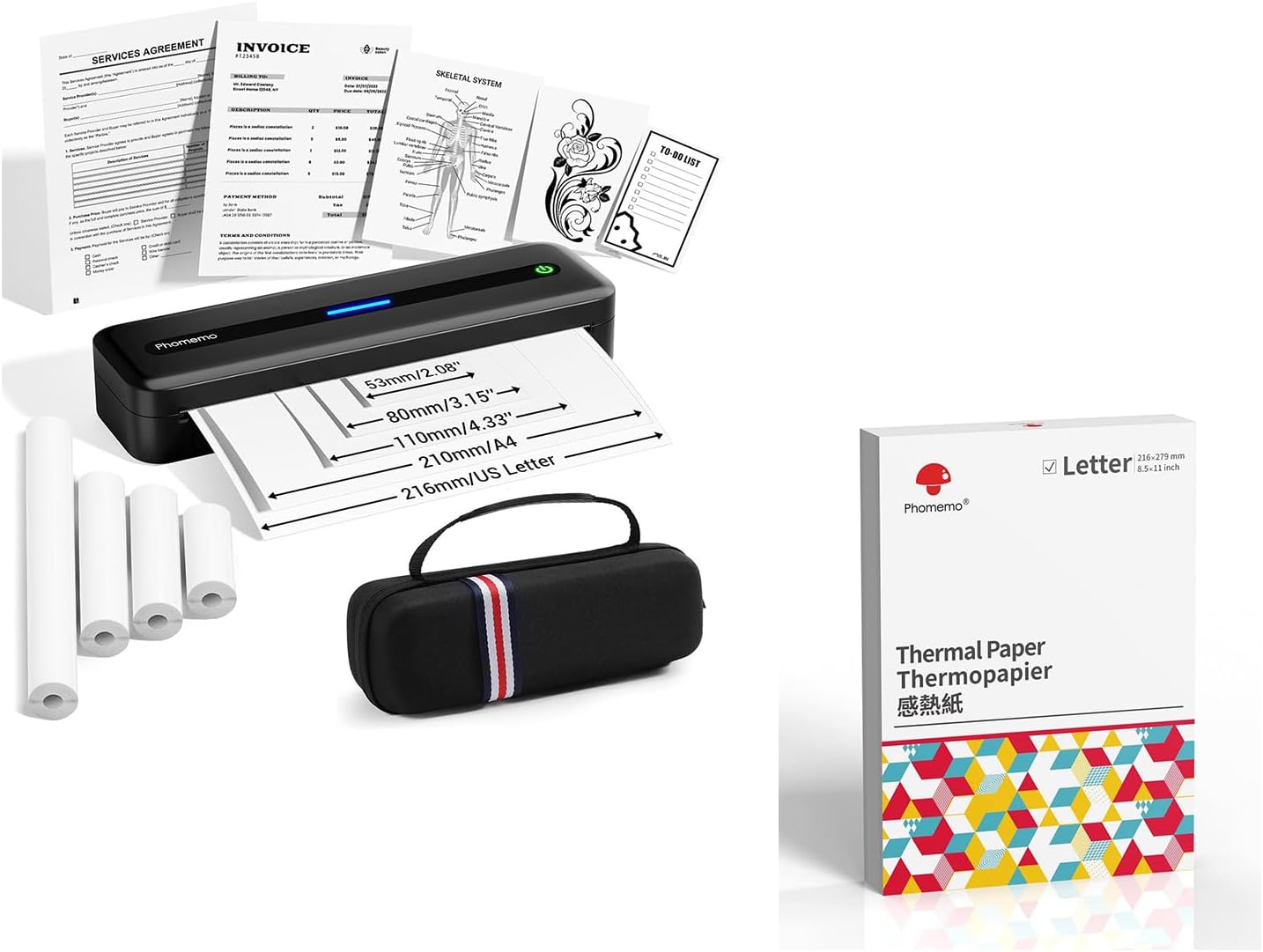 Phomemo M832 Thermal Printer & Case & 100 Sheets Thermal Printer Paper 8.5 x 11 Inch