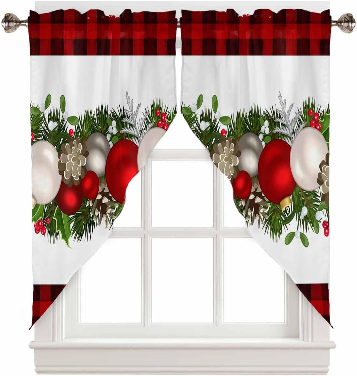 Christmas Curtains Swag Valance Xmas Red Balls Red Buffalo