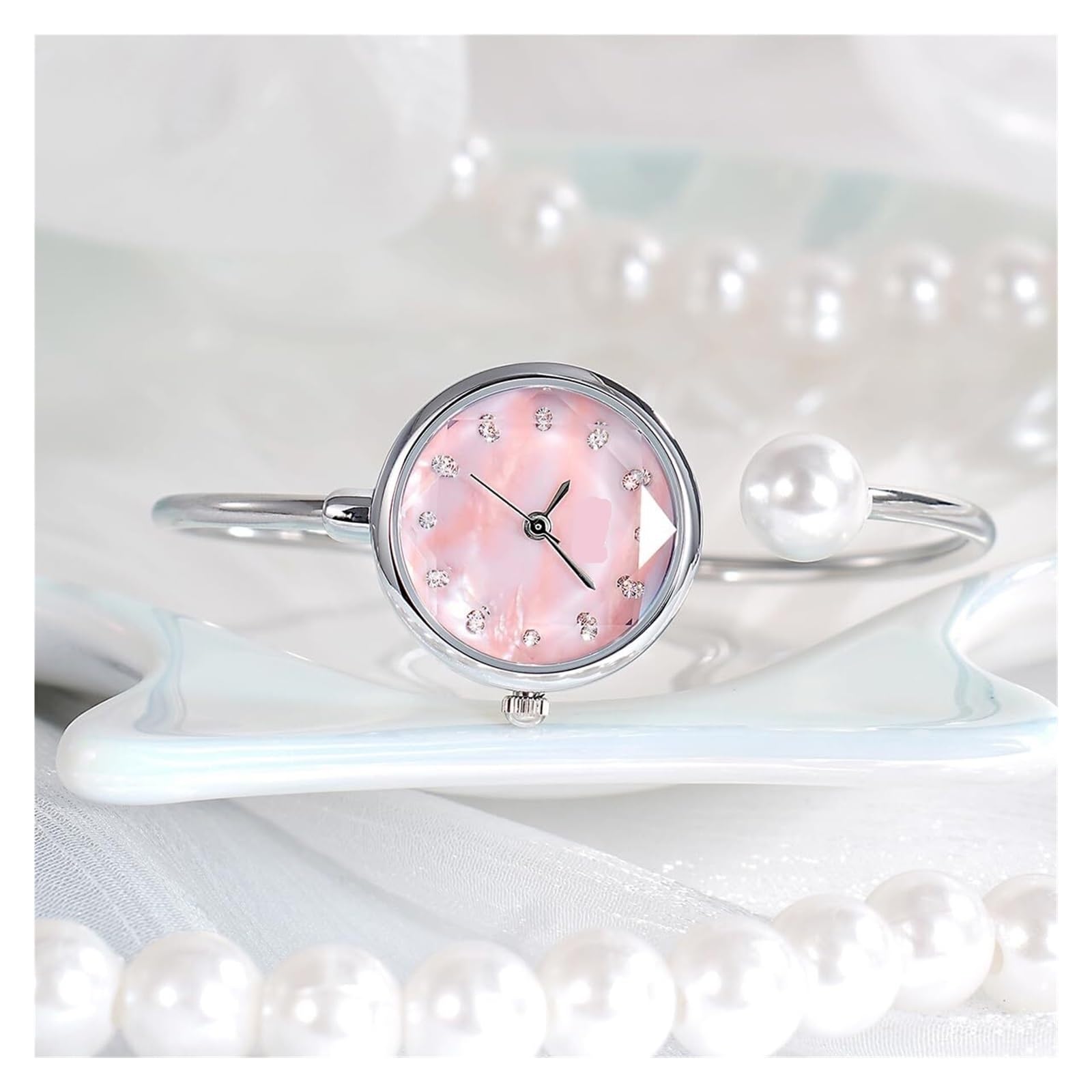 Orologio da polso delicato da donna, elegante braccialetto di perle, orologio da polso al quarzo rotondo impermeabile, regalo for le donne Orologio da polso(Pink)