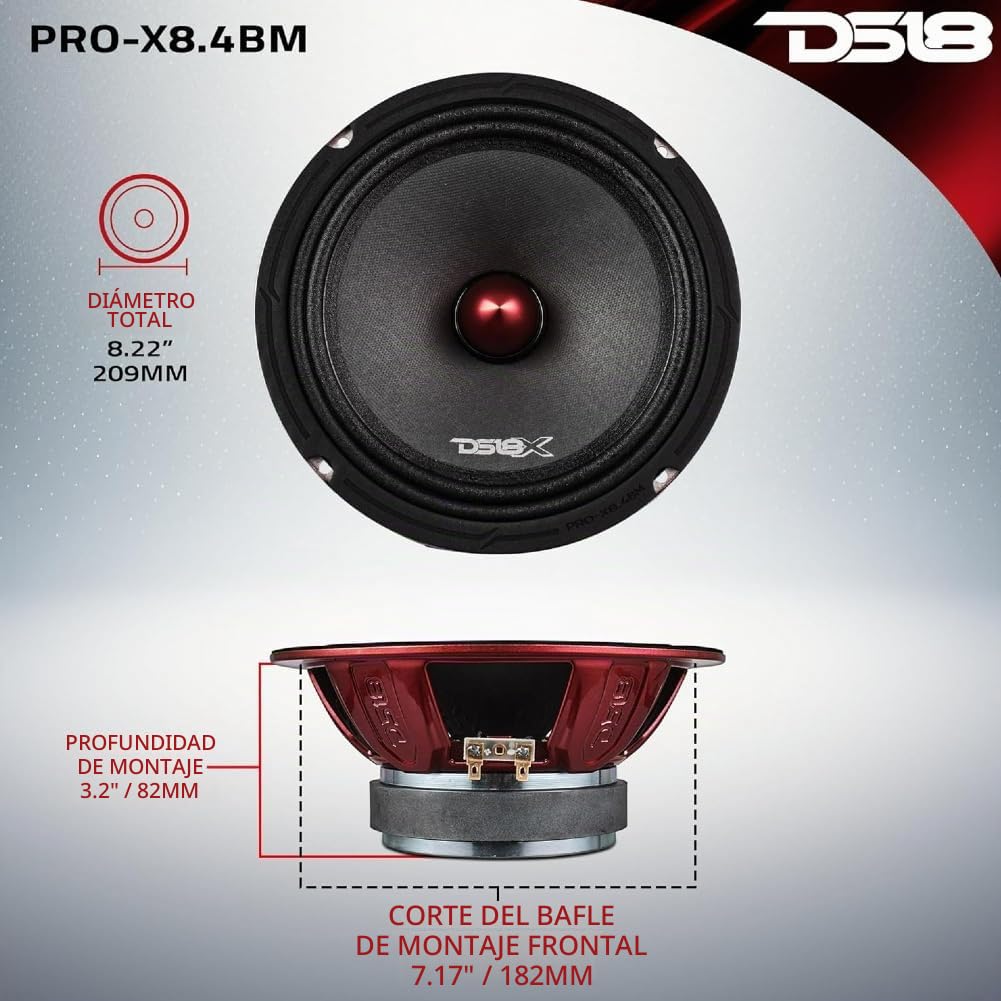 Genérico Kit Set para DS18 Pro-X8.4BMPK, Sistema de Altavoces de 2 vías 20 cm x 200 mm 8", 275 vatios RMS, 550 vatios máx., con 2 Altavoces de Medios y 2 tweeters, 4 ohmios, para Coche, Kit Pareja