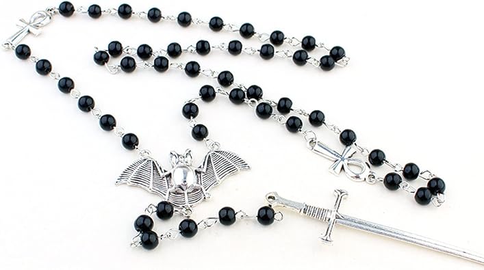 NUEAYMS Ankh Cross Black Beads Bat Necklace Punk Cool Long Rosary Beaded Necklace Gothic Cross Sweater Chain for Women Men