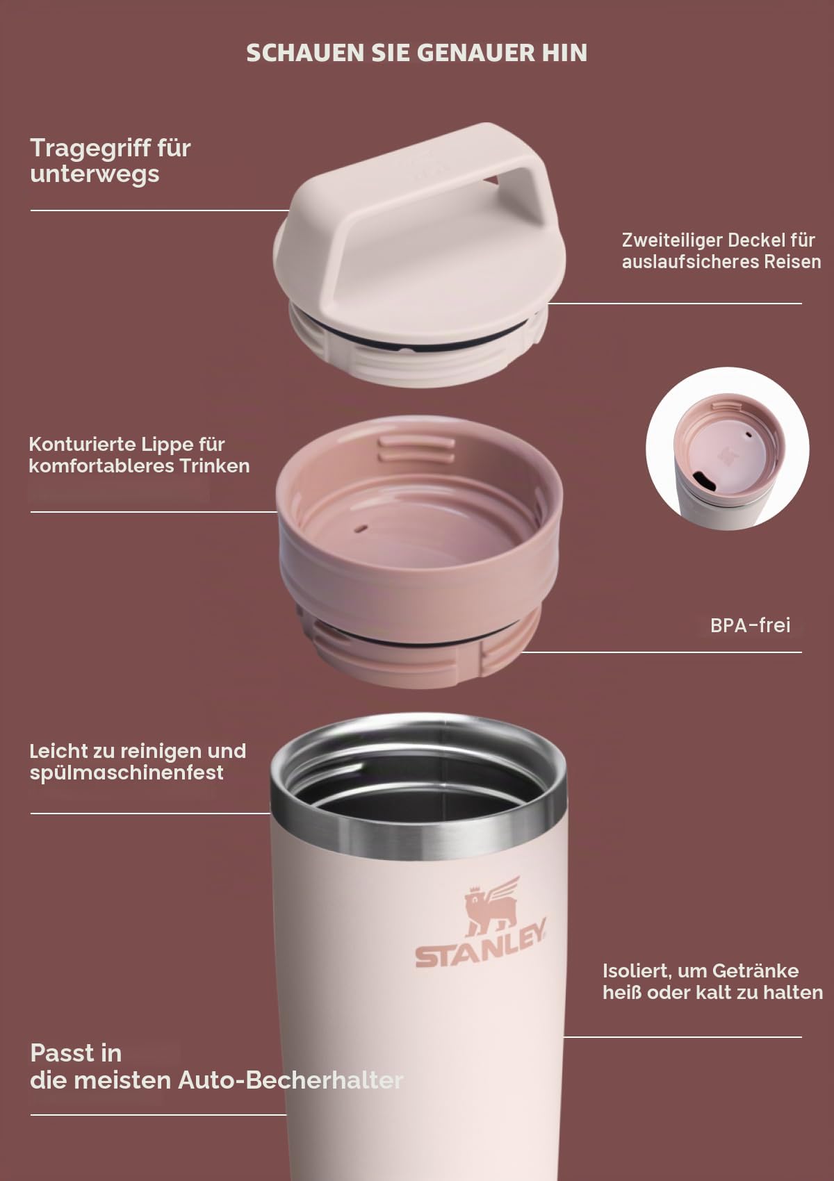STANLEY Cafe To Go Travel Mug 567g | Auslaufsicherer zweiteiliger Drink Through Deckel | Tumbler Cup für Kaffee, Tee und Getränke | Isolierter Kaffeebecher aus Edelstahl | BPA-frei | Frost