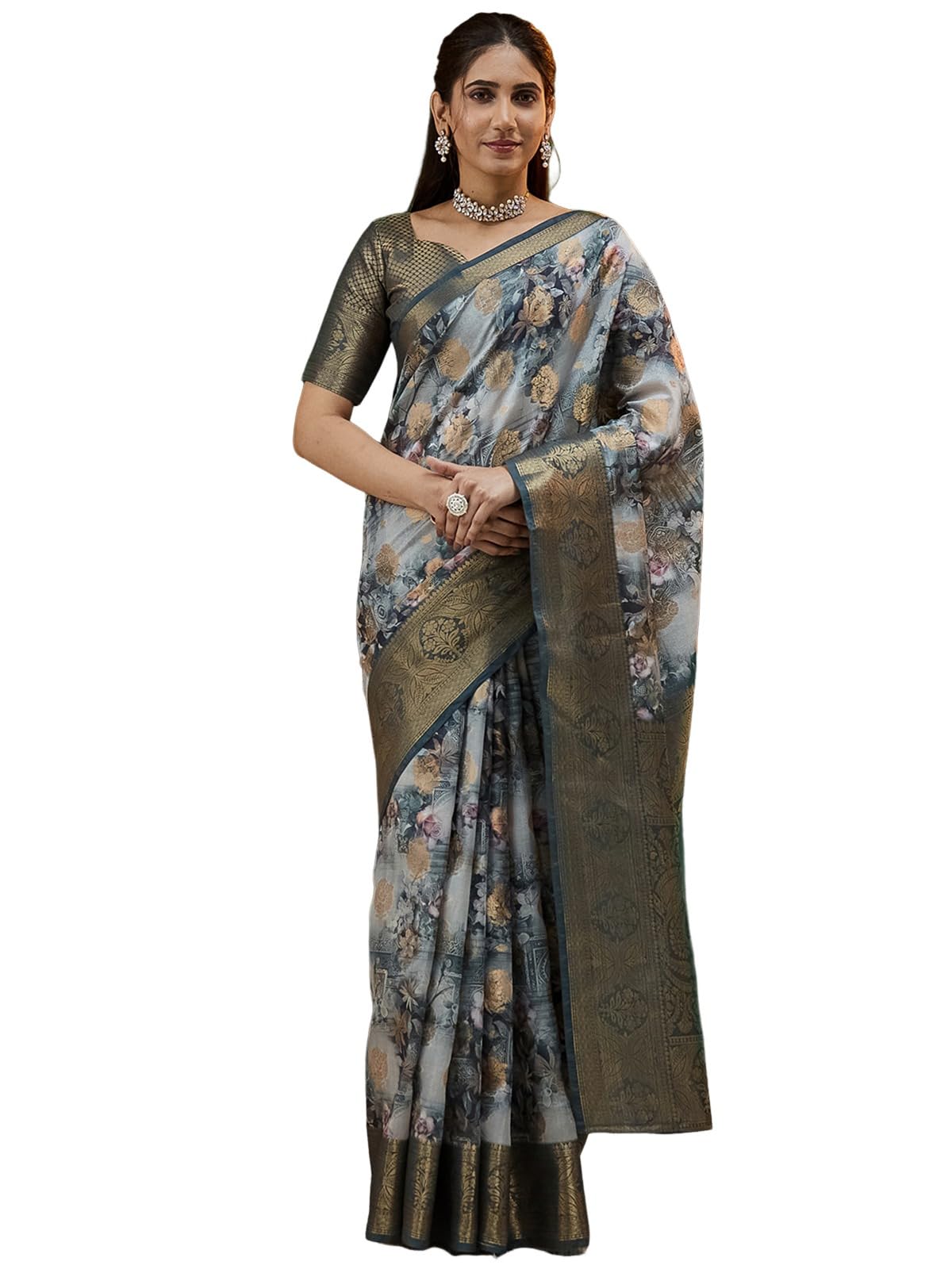 Satrani Women's Silk Floral Printed Weaving Saree With Unstitched Blouse Piece (4234S2977N_Dark Grey & Multi)