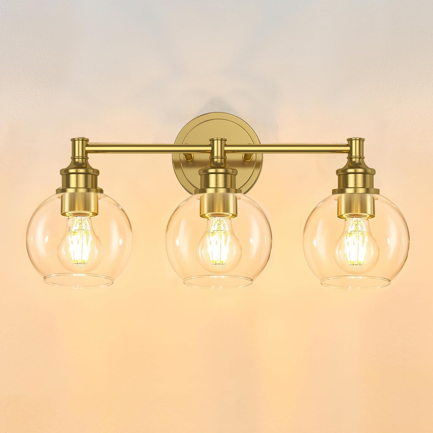 Bathroom Light Fixtures, 3-Light Brushed Gold Vanity Light Globe Glass Shades, Bathroom Lighting Fixtures Over Mirror, Wall Sconces for Master Bathroom, Guest Bathroom, Powder Room, 20-inch