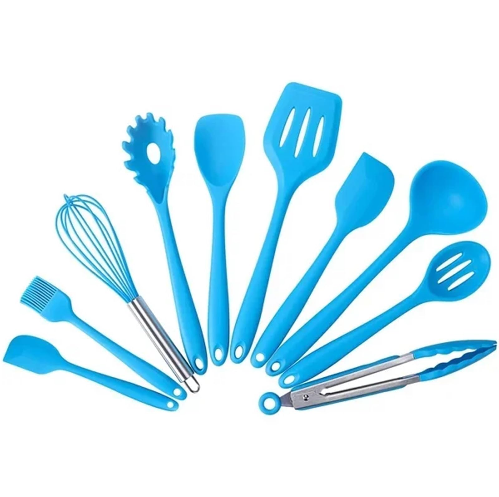 Ustensiles De Cuisine En Silicone Lot Ensemble d'ustensiles de cuisine en Silicone, pince antiadhésive, cuillère, spatule, serveur pâtes, fouet, louche, passoire, 10 pièces/ensemble(Blue)