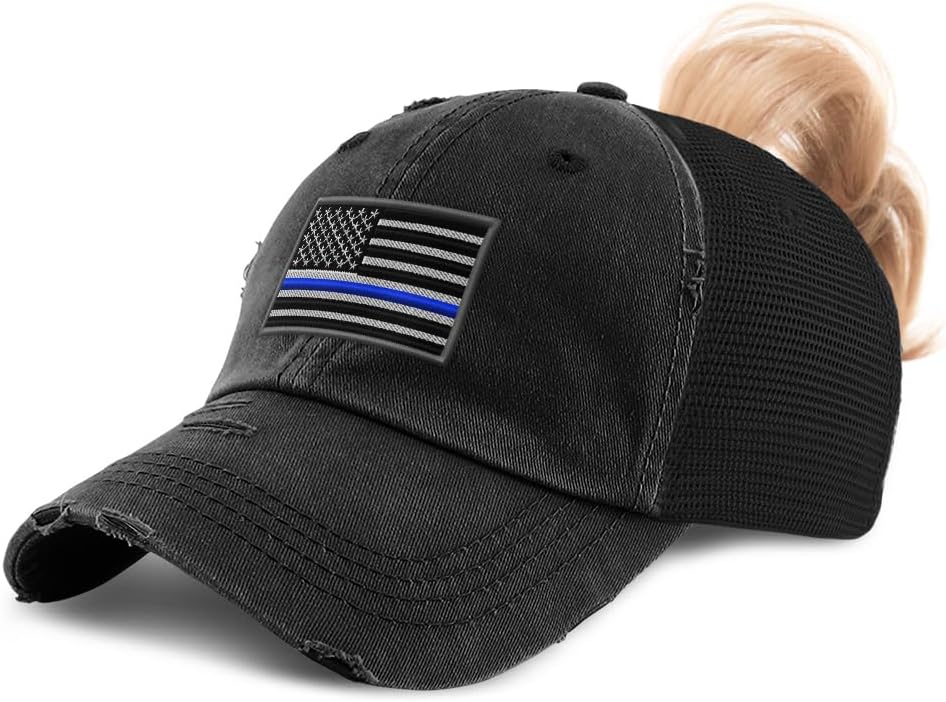 Speedy Pros Ponytail Cap Women's Baseball Cap Embroidered American Flag Thin Blue Line Embroidery Cotton