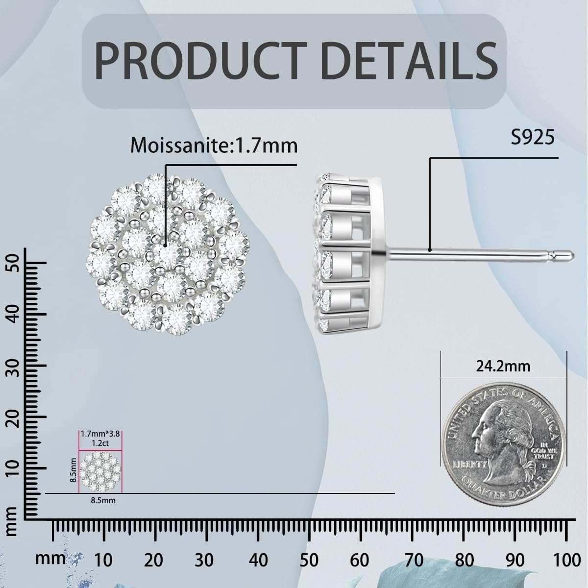 Round VVS Synthetic Moissanite S925 Stud Earrings Jewelry Gift for Men Women, 1.2ct Total Weight, S925 Sterling Silver, Round Cut, White/Gold - Image 3