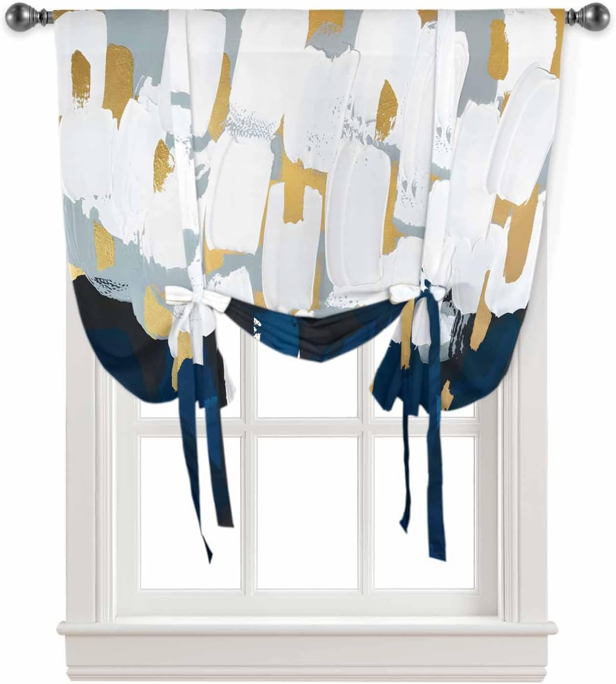 Blue White Tie Up Curtains for Windows 63 Inch Length Balloon Curtains Kitchen Adjustable Balloon Window Shade Gold Graffiti Painting Art Retro Country Tie Up Valance Bathroom Curtain Window 52"x63"