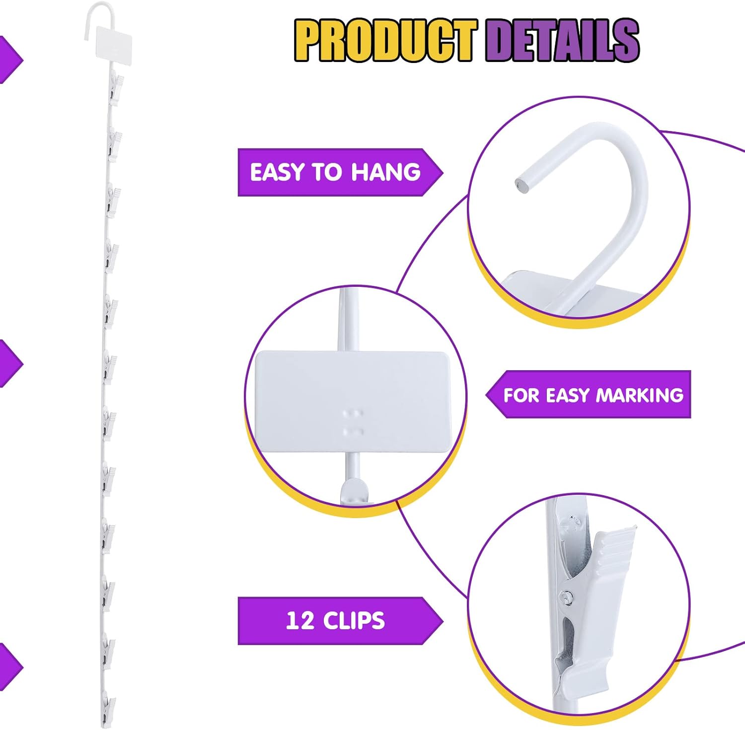 Coume 12 Pcs Metal Display Merchandising Hanging Strips Bulk, 31 Inches Retail Metal Strips Clips for Retail Displaying Snack Candy Portable Organizer Storage (White)