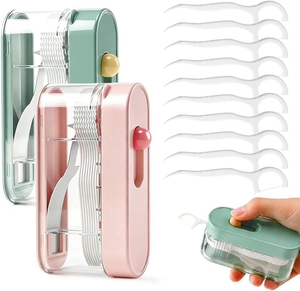 Automatic Portable Dental Floss Dispenser, 2026 New Floss Pick Dispenser with 50 PCS Dental Floss, Refillable Floss Pick Holder for Home, Restaurant, Travel (Green+Pink)