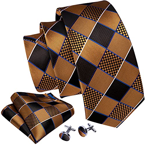 Image of Barry.Wang Plaid Ties Check Mens Necktie Set with Handkerchief Cufflinks Classic Stripe