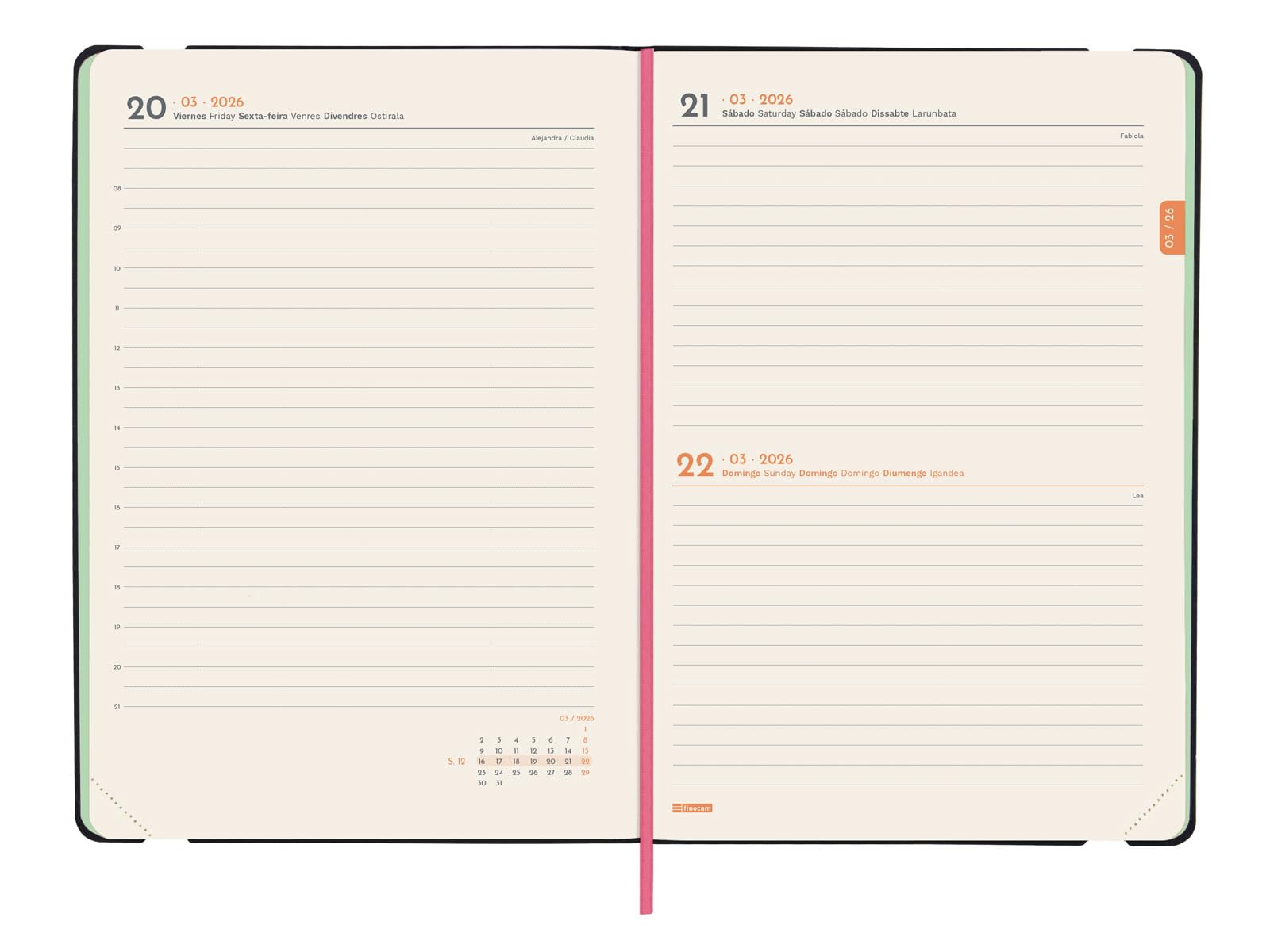 Agenda 2026 Finocam - Vista Semana Vertical A5 - Con Goma Elástica, Bolsillo Y Cinta Punto - Tapa Blanda Diseño Capri