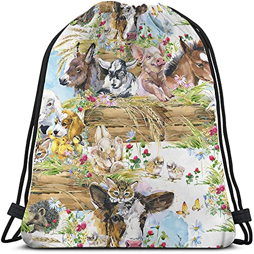 Beabes Farm Animals Drawstring Bags Backpack Bag Rustic Country Style Floral Leaves Cute Dog Cow Pig Piggy Horse Sport Gym Sack Drawstring Bag String Bag Yoga Bag for Men Women Boys Girls