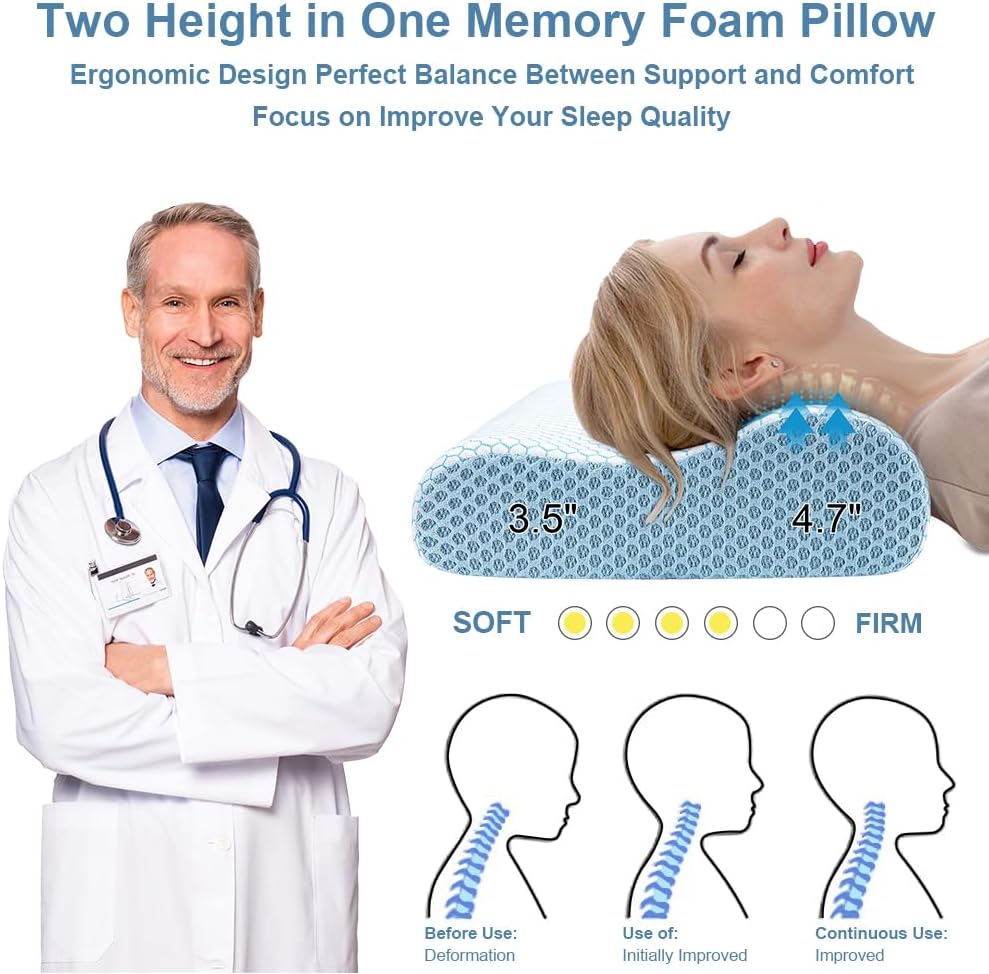 Anvo Memory Foam Pillow, Neck Contour Cervical Orthopedic Bed Pillow for Sleeping Side Back Stomach Sleeper, Ergonomic Design for Neck and Shoulder Pain Relief, Cyan, Firm